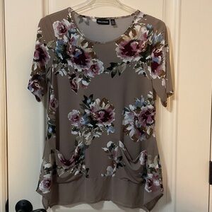 Nina Leonard Floral Short Sleeve Top - Brown and Pink